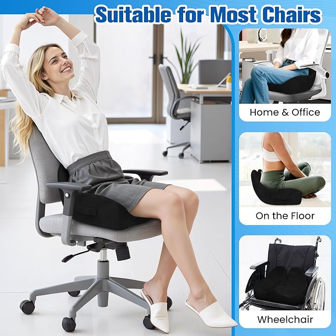 DailyCuddles Seat Cushion, Chair Cushions for Office Chairs/Desk Seats/Wheelchair - Hip&Sciatica&Tailbone Pain Relief Memory Foam Office Chair Cushion for Long Sitting Office Workers, Black