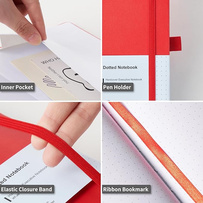 Heture Hardcover Notebooks, A5 Dotted Journal Notebook for Writing 160 Pages, 8.2 x 5.5 inch, Classic Dotted Notebooks for College/Work/Travel(Red 3 Pack)