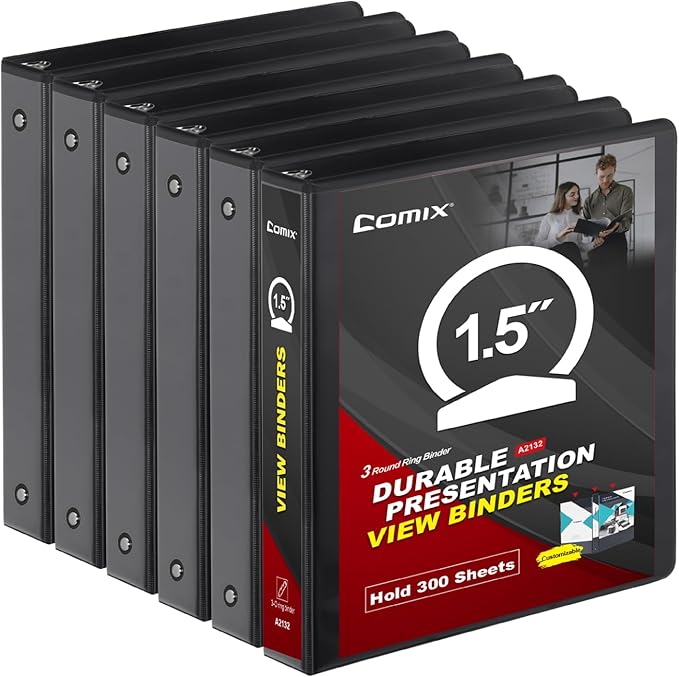 COMIX Sturdy 3 Ring Binder 1.5 inch with Clear View Cover, 1-1/2" Round Ring View Binder, PVC-Free, 2.4mm-Thick, 300 Sheets Capacity of US Letter Size Paper, Office ＆ School Supplies, 6 Pack (Black)