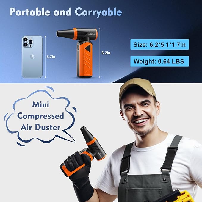 WHATOOK Updated Compressed Air Duster: Air Blower with Stepless Speed Regulation Mode, 180000RPM Electric Air Duster with Brushless Motor, Air Duster for Keyboard, PC, Car and Home Cleaning（Orange）