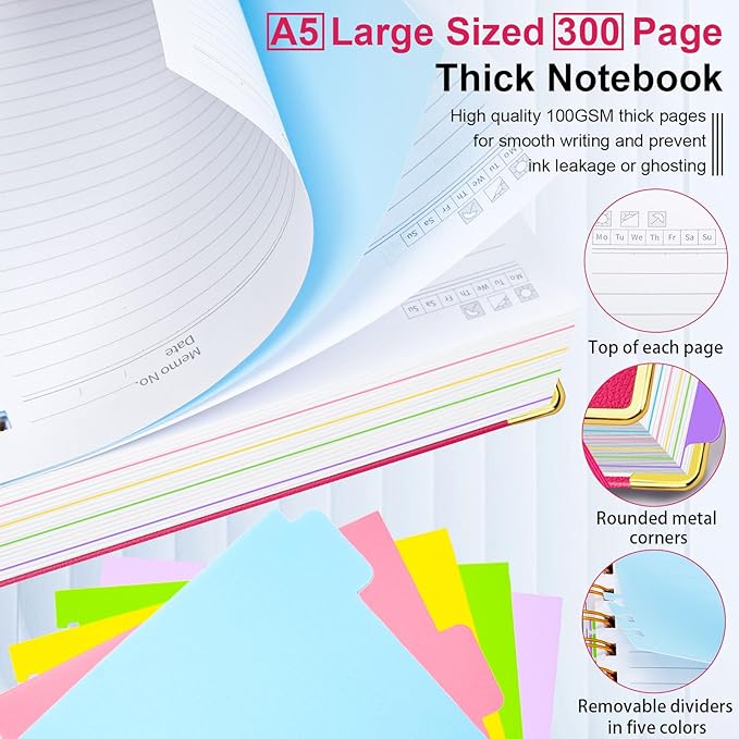 Hardcover Spiral Notebook 6.2"x 8.2" Journal Notebook with Tabs and Removable Dividers 300 Pages 5 Subject Notebook College Ruled, Faux Leather Spiral Bound Notebook for Women School Work(Rose Red)
