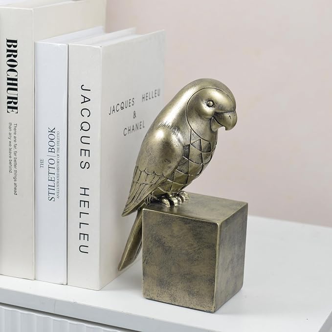 Kakizzy Gold Parrot Book Ends for Shelves,Vintage Bird Decorative Bookends,Resin Book Stopper for Books,Parrot Statue Gifts for Woman Home Office Bookshelf Decor,Unique Book Lover Gift