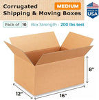 Medium Shipping & Moving Boxes 16x12x8 inches (10-Pack) - Extra Strength 200 lb vs Regular - Corrugated Boxes for Packaging Moving and Delivering - Package Box - Carton Box by IDL Packaging