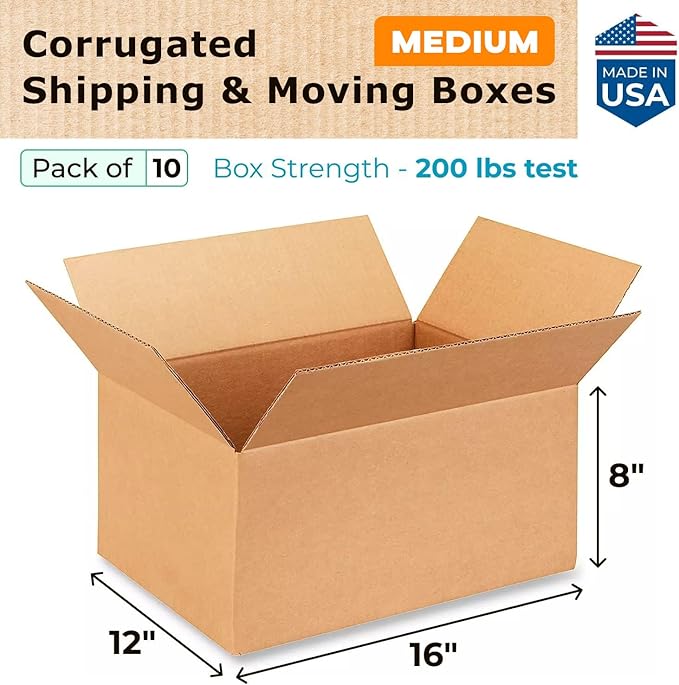 Medium Shipping & Moving Boxes 16x12x8 inches (10-Pack) - Extra Strength 200 lb vs Regular - Corrugated Boxes for Packaging Moving and Delivering - Package Box - Carton Box by IDL Packaging