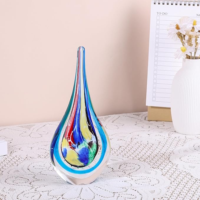 9" Tall Sculpture Hand Blown Glass Decor, Paperweight for Office Desk, Modern Glass Art Figurines Mediterranean Beach House Decor, Living Room Coffee Shelves Table Top Decoration (Multicolor)