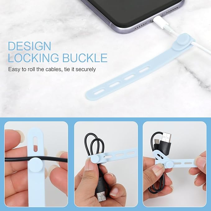 Donruby 24Pcs Silicone Cable Ties - Reusable & Washable with Locking Buckles, Adjustable Fastening Cable Management Straps, Multi-Purpose High Elasticity Cord Organizer (Ice Blue)