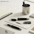 Webson Gill The Boss' Black Luxury Executive Fountain Pen, Polished Lacquer & Chrome, Medium Nib, Smudge Free No Bleed, Use Any Fountain Ink with Included Converter, Fits Cartridges (sold separately)