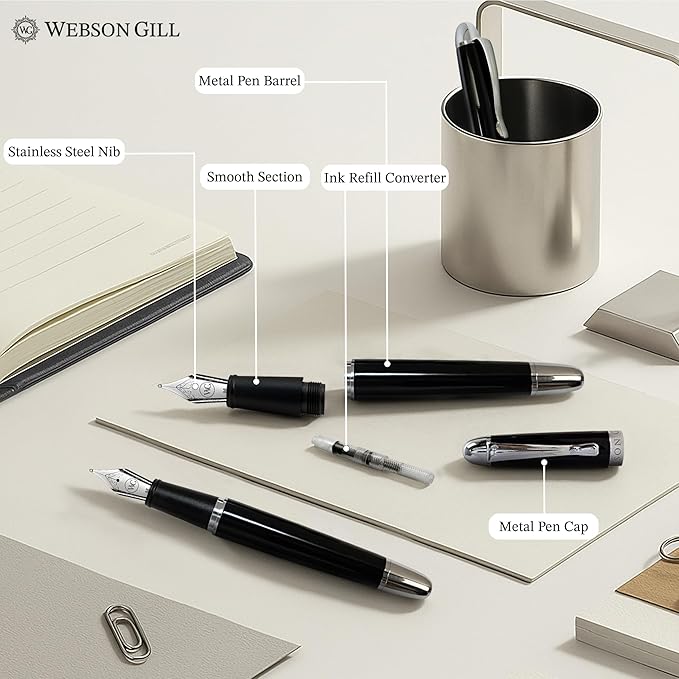 Webson Gill The Boss' Black Luxury Executive Fountain Pen, Polished Lacquer & Chrome, Medium Nib, Smudge Free No Bleed, Use Any Fountain Ink with Included Converter, Fits Cartridges (sold separately)
