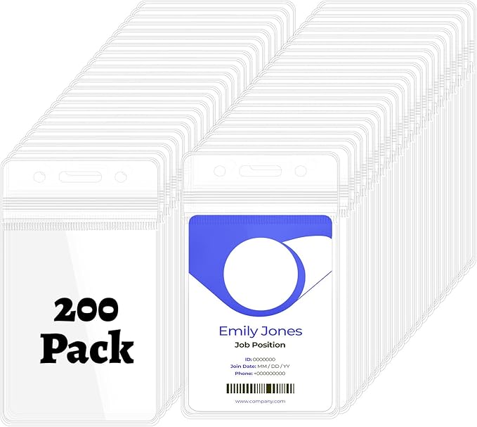 200Pcs Badge Holder Plastic ID Badge Holder Clear Vertical ID Card Holder 2.5" x 4.5" Waterproof Name Badge Holders for ID Card/Credit Card/Student Card