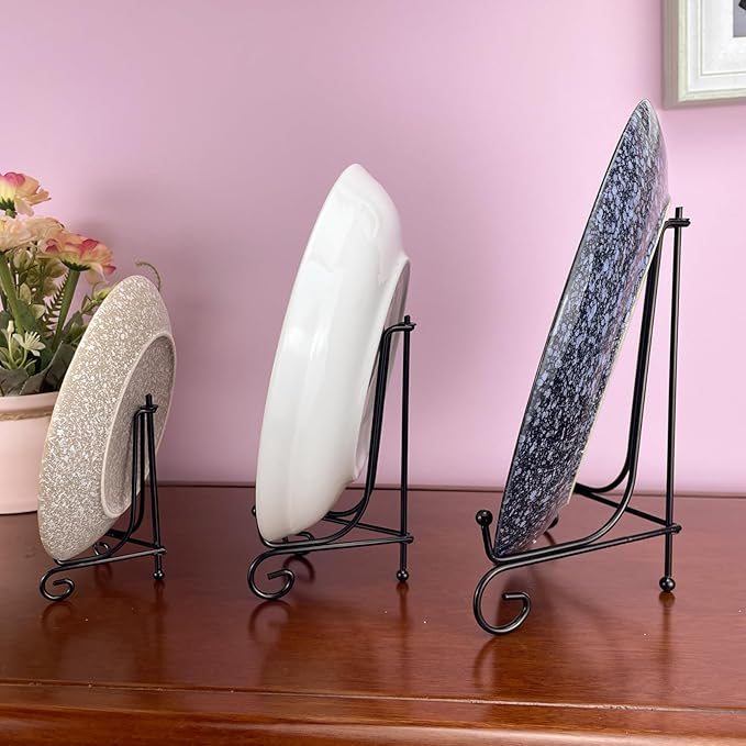 HENABLE 6PCS 3 Size Black Iron Plate Stands for Display - 4, 6, 8 Inch Decorative Metal Plate Holders - Mini Easel, Frame, Book, Card, Plaque, Bowl, Picture Display Stands