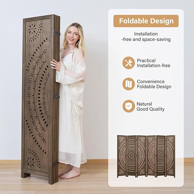 5.6 Ft Folding Room Divider, Portable Privacy Screen & Partition, No Assembly Required for Use as Cat Litter Box Cover, Clutter Hider, Room Separator, 6 Panels (Brown)