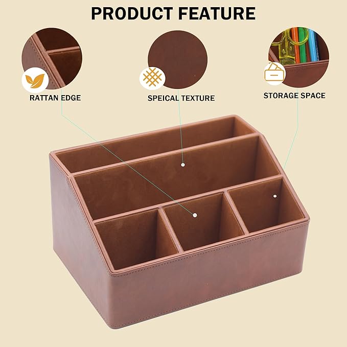 Boershun Desk Organizer, Mail Organizer Countertop, Bills Organizer, Mail Sorters, Magazine Holder, Desk Organizer and Accessories for Office Supplies, Brown Leather