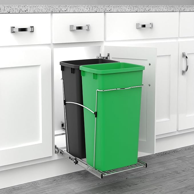 Rev-A-Shelf RV-18KD-1918C-S Double Pullout Trash Can for Kitchen Cabinets 35 Quart Garbage Recycling Bin Container on Full Slides, Green/Black