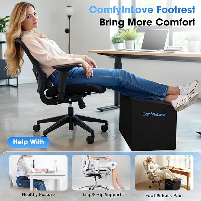 ComfyInLove Foot Rest for Under Desk at Work - Non-Slip Foot Stool with 3 Adjustable Heights, Ergonomic Under Desk Footrest with Washable Cover for Desk, Home, Office, Car (Black)
