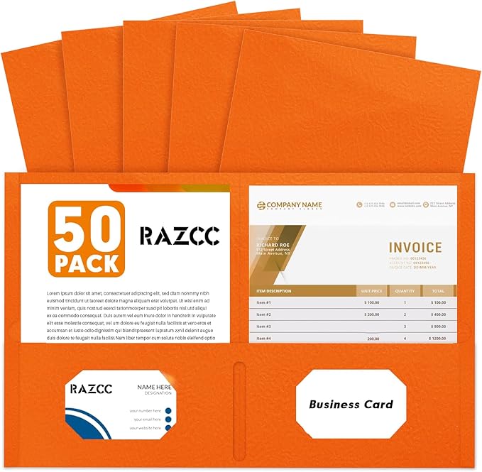 Two Pocket Folders, RAZCC 50 Pack 2 Pocket Folders Fit Letter Size Paper, Paper Folders with Pockets for School Office Business Home (Orange)