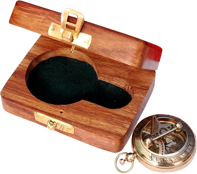 Bazross Brass Nautical Compass with Wooden Case - Antique Brass & Copper Sun Clock for Camping, Hiking, Touring - Engraved Gift for Him - Nautical Clock - Compass Gift