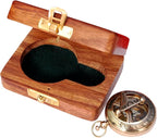 Bazross Brass Nautical Compass with Wooden Case - Antique Brass & Copper Sun Clock for Camping, Hiking, Touring - Engraved Gift for Him - Nautical Clock - Compass Gift
