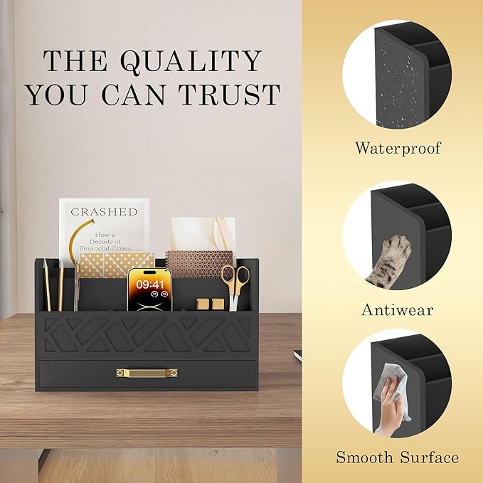 WISUCART Bamboo Mail Organizer Countertop Wood Desk Organizer Drawer Tabletop Storage Box Letter Sorter Makeup Organizer for School Home Office Supplies Black