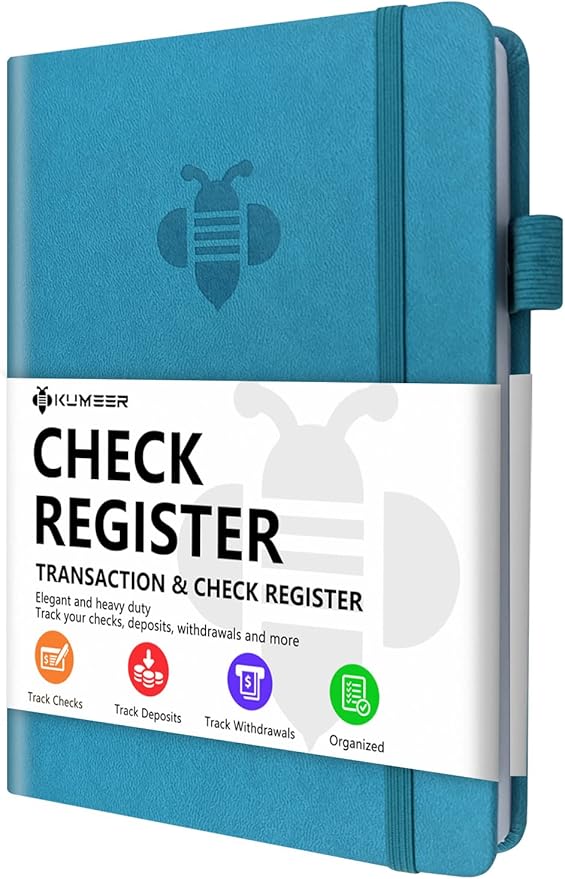 KUMEER Check Register – Elegant Check Registers for Personal Checkbook with Check & Transaction Registers, Hardcover Checkbook Log 5.2x7.6" (Turquoise)