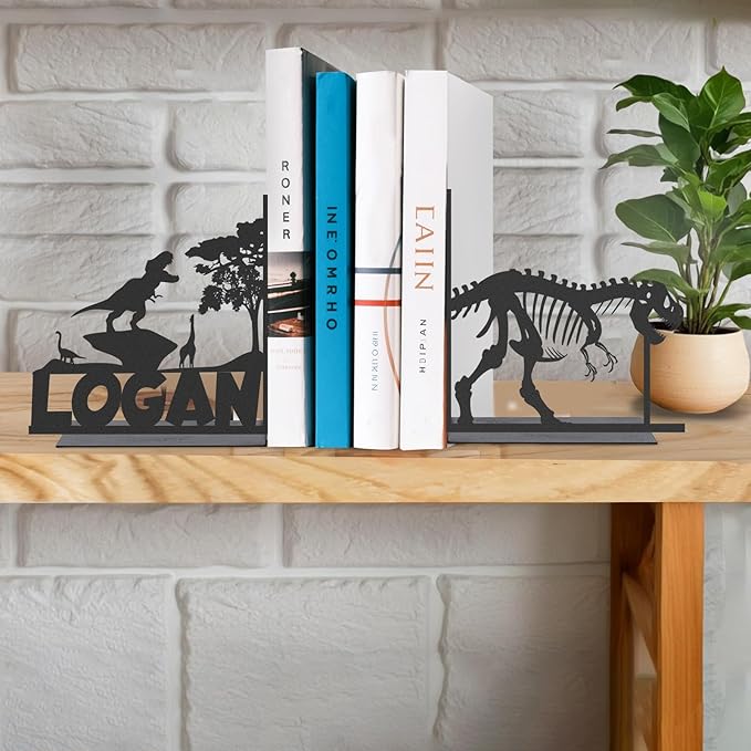 Personalized Name Book Ends Metal, Heavy Duty Bookends for Shelves Decorative, Dinosaur Non-Slip Book Stopper, Home Office Desk Modern Bookshelf Decor, Gifts for Readers Color02