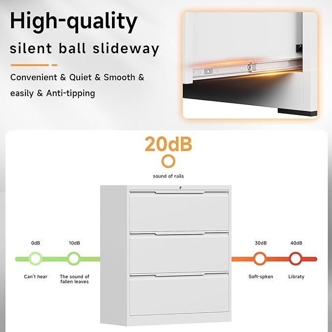 Bestoo 3-Drawer File Cabinet with Lock, Metal Filing Cabinet for Home Office, Lateral Filing Storage Cabinets, Fits File Folders, Letter/Legal/F4/A4 Size, Assembly Required (White)