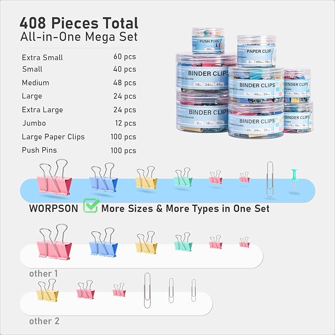 WORPSON 408 PCS Binder Clips Paper Clamps Assorted Sizes and Push Pins, Binding Paperwork Clamp Bulk, School Teachers Office Supplies (Multicolor)
