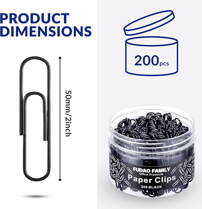 Large Paper Clips, 2 Inch Black Paper Clip, 200 pcs Jumbo Paperclips