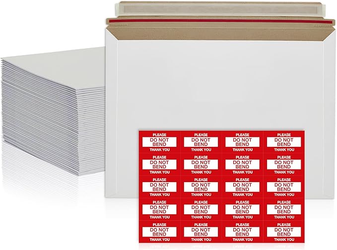 50 Pack 9.5 x 12.5 Inches Rigid Mailers – Self Adhesive White Cardboard Envelopes – Used as Mailing Supplies for Documents, Photos, CDs, Magazines, and Literature