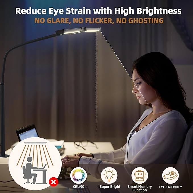 Led Desk Lamp for Home Office, Eye-care Architect Light with Clamp, Smart Double Head Computer Monitor Table Clip Lamp, Adjustable Flexible Goose-Neck, 25 Lighting Models, Task Lamp, White and Sliver