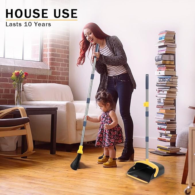 Brooms with Dustpan Combo Set， with 52" Long Handle, Dustpan Teeth with self-Cleaning Function, Indoor and Outdoor Sweeping, Perfect for Home Office (Large/Yellow/ 2-Pack)