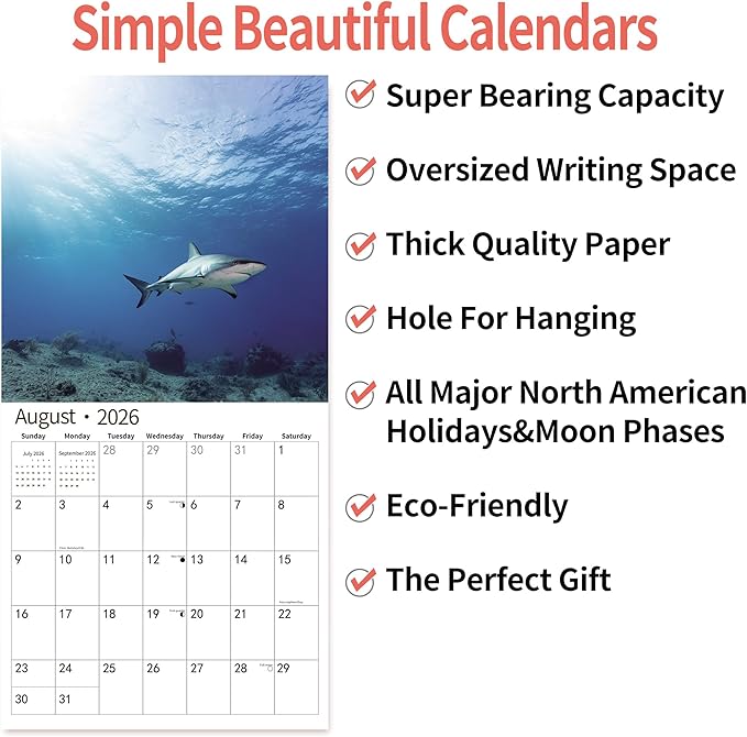 2026 Wall Calendar,Calendar 2026, November 2025 - December 2026, Wall Calendar Shark, 12" x 24" Opened,Full Page Months Thick & Sturdy Paper for Gift Perfect Calendar Organizing & Planning