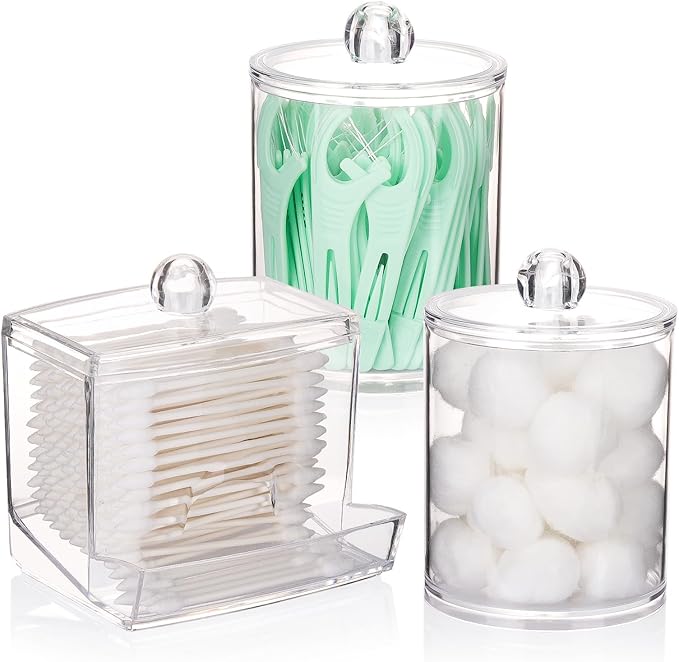 Tbestmax Qtips Dispenser Bathroom Container, 10/12 oz Big Cotton Ball Holder, Clear Plastic Apothecary Jar Organizer for Storage Cotton Swab, Floss Picks