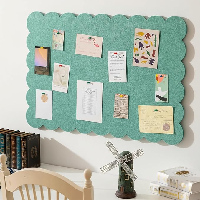 Mooliwe Scalloped Felt Bulletin Board 36 x 24 Inches Foldable Sage Green Pin Cork Board Alternative for Wall, 3' x 2' Trifold Christmas Picture Vision Self Adhesive Bulletin Decorative