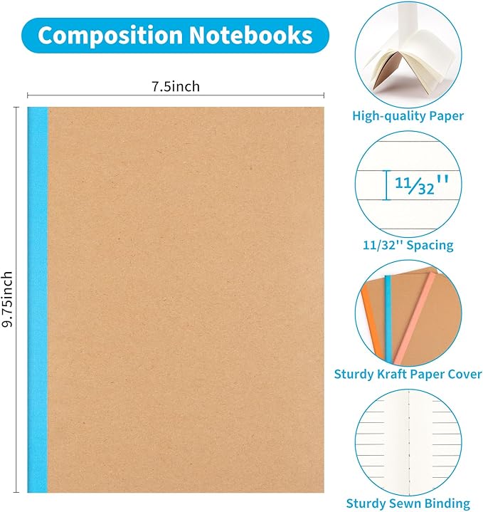 24 Pack Lined Notebook Journals Bulk, 7-1/2" x 9-3/4", Wide Ruled Paper, 30 Sheets/60 Pages, Kraft Cover with Rainbow Spines, 12 Colors Lined Composition Notebook Journal for Work Study Note Taking