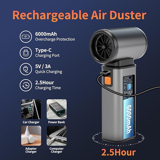 SYNRIC Compressed Air Duster, Stepless Speed Electric Air Duster, Metal Shell Air Blower with Brushless Motor, 120000 RPM Keyboard Cleaner Replaces Canned Air for Outdoors, Car, Home Cleaning