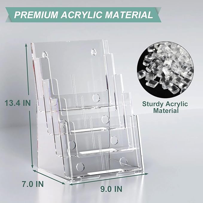 Argvey Acrylic Brochure Holder 8.5 x 11 inches, 4 Tier Clear Brochure Display Stand with Removable Divider for Trifold 4 Inches Wide Pamphlet, Plastic Flyer Holder for Magazine, Literature, Booklet