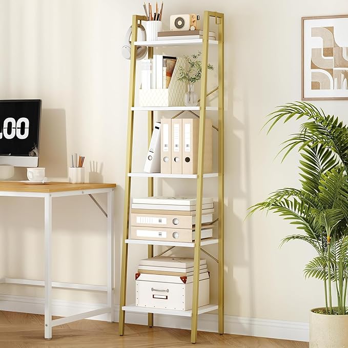 Hzuaneri Ladder Shelf, Bookshelf Bookcase, Freestanding Corner Storage Shelve with 2 Hooks for Home Office, Living Room, Kitchen, Bedroom, Industrial, 11.8" D x 17.3" W x 63" H, White Gold BC19213G
