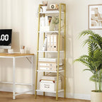 Hzuaneri Ladder Shelf, Bookshelf Bookcase, Freestanding Corner Storage Shelve with 2 Hooks for Home Office, Living Room, Kitchen, Bedroom, Industrial, 11.8" D x 17.3" W x 63" H, White Gold BC19213G