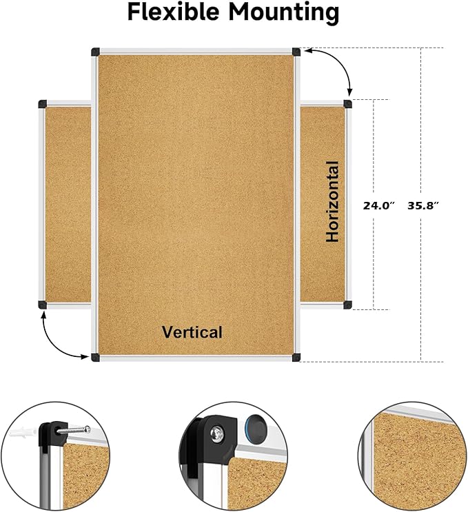 XBoard Cork Board 36 x 24, Notice Cork Bulletin Board, Corkboard with Aluminum Frame and Push Pins for Display