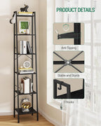 Hzuaneri Ladder Shelf, Bookshelf Bookcase, Freestanding Corner Storage Shelve with 2 Hooks for Home Office, Living Room, Kitchen, Bedroom, Industrial, 11.8" D x 13.4" W x 72.8" H, Black BC13304B