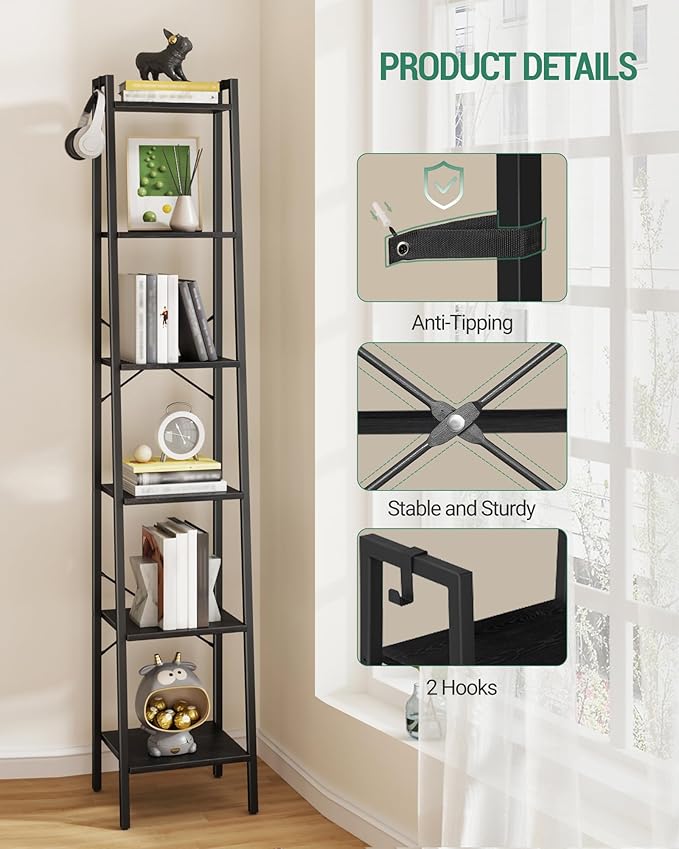 Hzuaneri Ladder Shelf, Bookshelf Bookcase, Freestanding Corner Storage Shelve with 2 Hooks for Home Office, Living Room, Kitchen, Bedroom, Industrial, 11.8" D x 13.4" W x 72.8" H, Black BC13304B