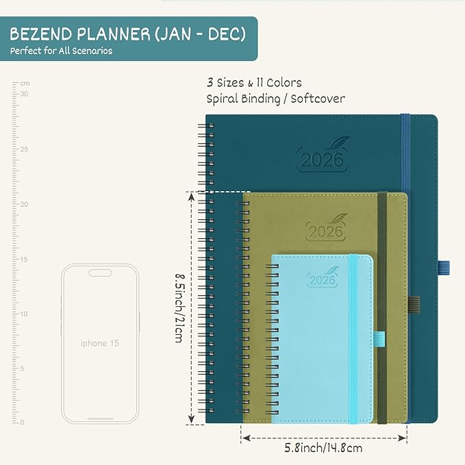 BEZEND 2026 Planner Weekly and Monthly (6" x 8.5" Spiral) Daily Calendar with Hourly Timeslots & Tabs (Jan-Dec) Note & Expenses, Pen Holder, Inner Pocket, Vegan Leather Softcover - Red