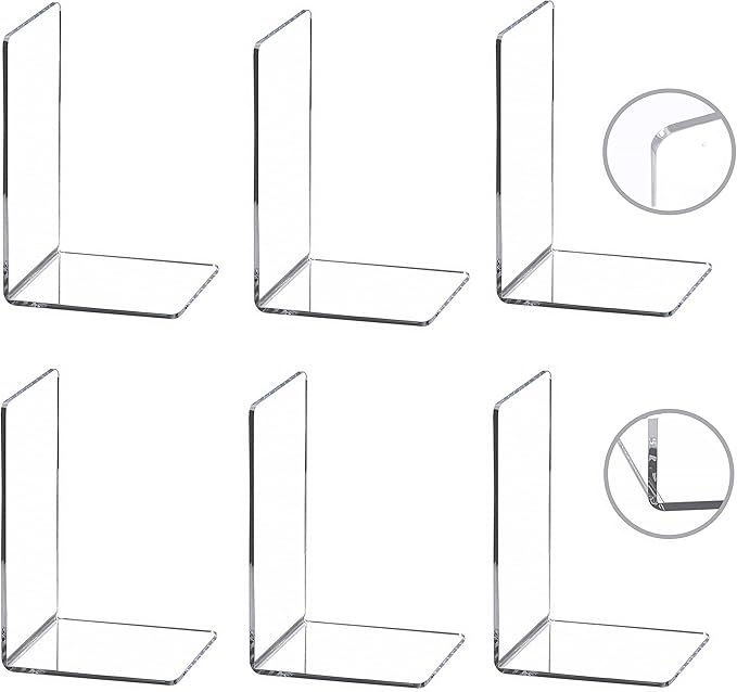 CY craft 6 Pieces/3 Pairs Bookends,Clear Acrylic Bookends for Shelves,Heavy Duty Book Ends and Desktop Organizer,Book Stopper for Books/Movies/CDs,7.3x4.8x4.8 inch