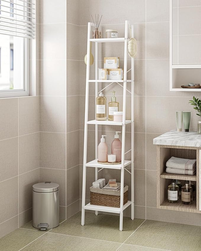 Hzuaneri Ladder Shelf, Bookshelf Bookcase, Freestanding Corner Storage Shelve with 2 Hooks for Home Office, Living Room, Kitchen, Bedroom, Industrial, 5-Tier White BC03213W