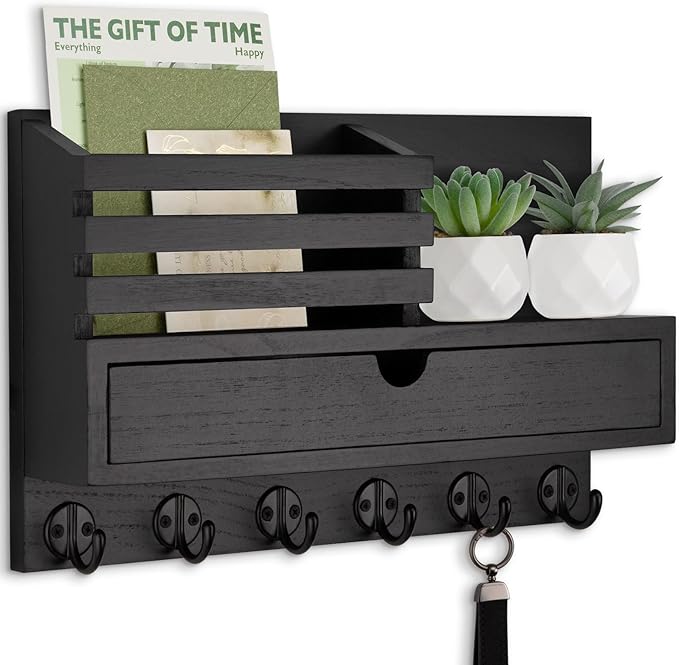 Lucundm Key Holder Wall Mount, Mail Holder with Storage Drawer and 6 Key Hooks for Coat, Dog Leash, Home Decor Rack, House Accessories, Entry Way Organizer