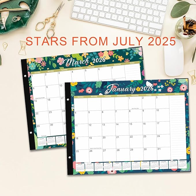 DIBAOLU 2026 Desk Calendar Large 22"x 17",Large Desk Calendar 2025-2027,18 Month,Use Now to February 2027,Suitable For Home, School Or Office,With Plastic Cover,Monthly Planning Calendar(flower)