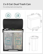 SONGMICS Kitchen Trash Can, 16 Gallon (2 x 8 Gallon) Dual Compartment Garbage Can, 60L Pedal Recycling Bin, Stays Open and Soft Close, Stainless Steel, 15 Bags Included, Ink Black ULTB202B01