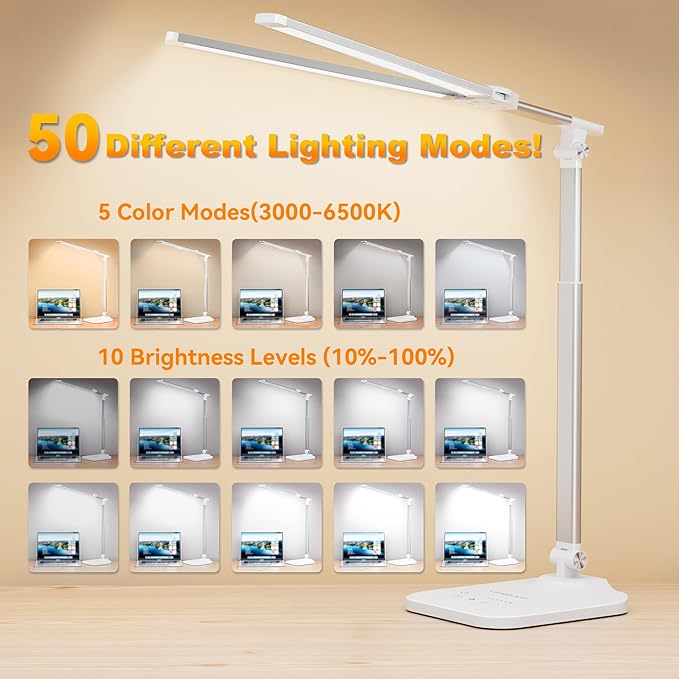 LED Desk Lamp for Office Home, Height Adjustable Architect Desk Light with USB Adapter, Stepless Dimming 50 Lighting Modes, Eye Caring Double Head Computer Desk Lamp for Reading, Study, Workbench