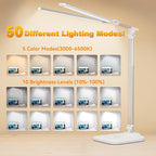 LED Desk Lamp for Office Home, Height Adjustable Architect Desk Light with USB Adapter, Stepless Dimming 50 Lighting Modes, Eye Caring Double Head Computer Desk Lamp for Reading, Study, Workbench