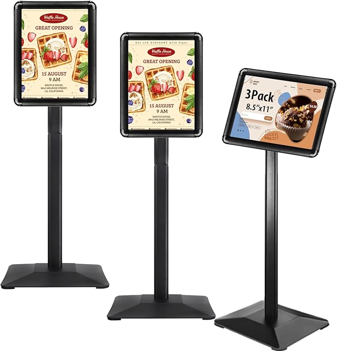 STANDNEE Heavy-Duty 8.5x11 in Floor Stand Holder, Poster Display With PVC Sheet & Heavy-Duty Pedestal, Aluminum Standing Sign, Black (3 Packs)